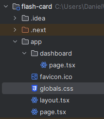 The app structure after creating dashboard page.tsx