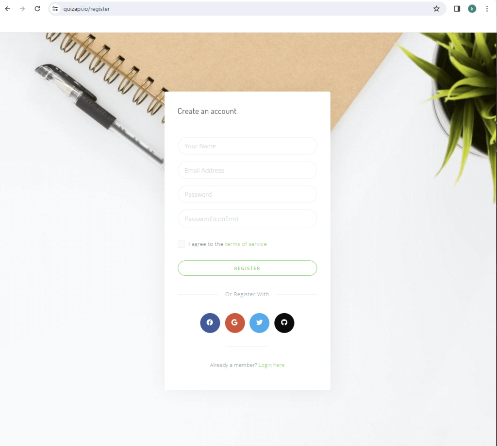 Quiz API register page