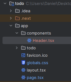 Project structure after creating components folder and Header.tsx